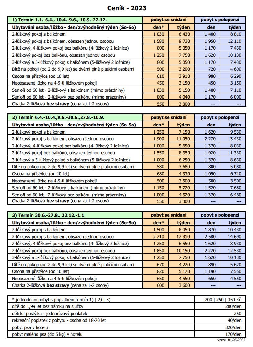 Ceník ubytování 2023